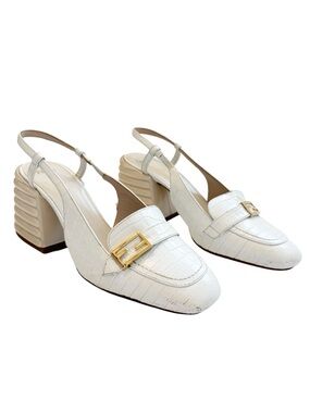 Fendi Promenade Slingback Loafers White Croc Embossed FF Logo Block Heel 39 US 9